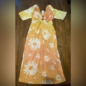 Z&L Ombré Daisy 70s Vintage V Cut  Cutout Back Retro Midi Dress Size Large C3
